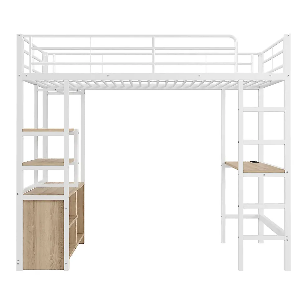 Lit Mezzanine 90x200 cm, Lit Ado en Métal avec Bureau et Prises USB, Rangements Ouverts Intégrés - Blanc
