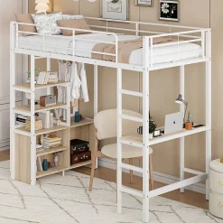 Lit Mezzanine 90x200 cm, Lit Ado en Métal avec Bureau et Prises USB, Rangements Ouverts Intégrés - Blanc