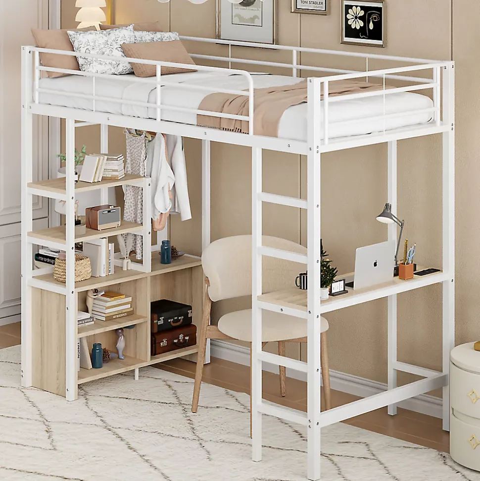 Lit Mezzanine 90x200 cm, Lit Ado en Métal avec Bureau et Prises USB, Rangements Ouverts Intégrés - Blanc