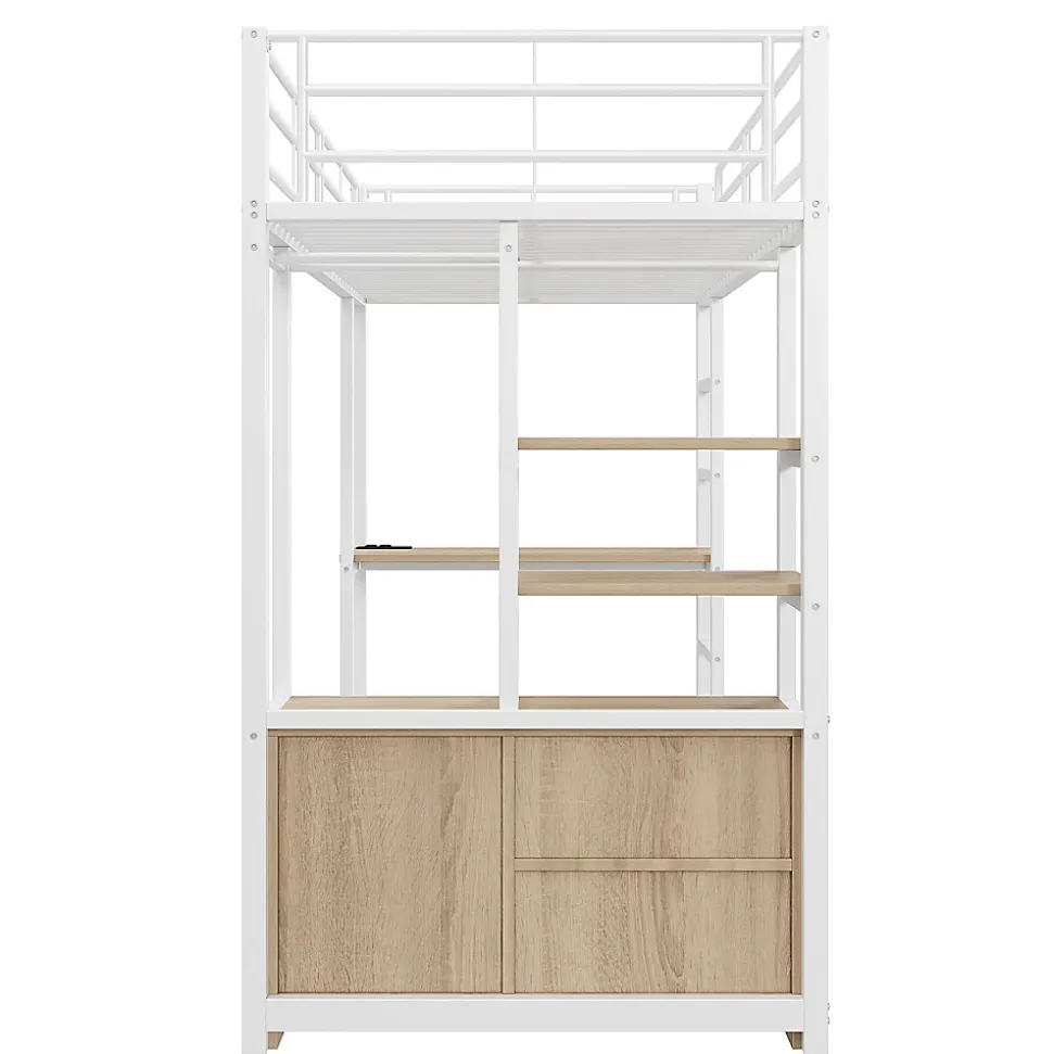 Lit Mezzanine 90x200 cm, Lit Ado en Métal avec Bureau et Prises USB, Rangements Ouverts Intégrés - Blanc