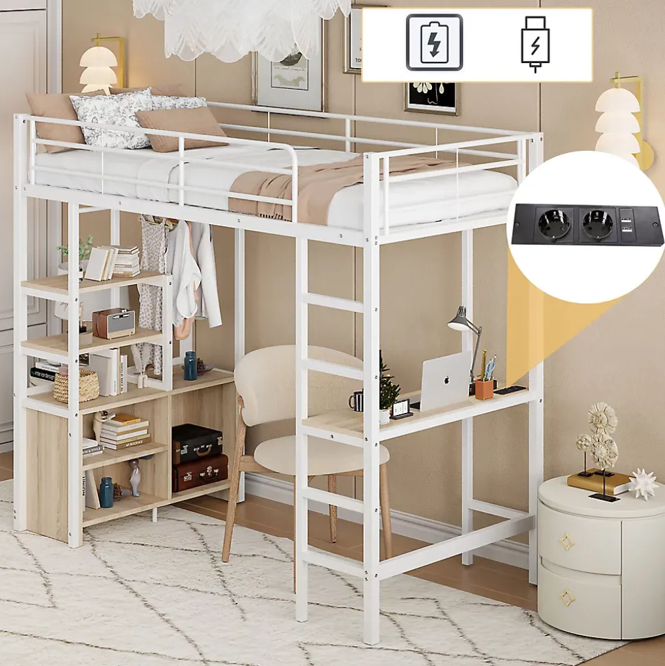 Lit Mezzanine 90x200 cm, Lit Ado en Métal avec Bureau et Prises USB, Rangements Ouverts Intégrés - Blanc