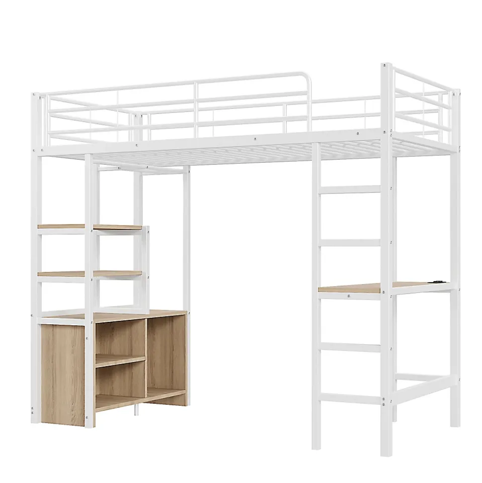 Lit Mezzanine 90x200 cm, Lit Ado en Métal avec Bureau et Prises USB, Rangements Ouverts Intégrés - Blanc