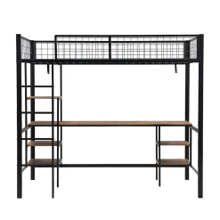 Lit Mezzanine 90x200 cm, Lit Ado en Métal avec Bureau et Étagères Intégrées, Style Industriel Gain de Place - Noir