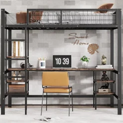 Lit Mezzanine 90x200 cm, Lit Ado en Métal avec Bureau et Étagères Intégrées, Style Industriel Gain de Place - Noir