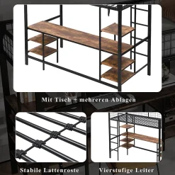 Lit Mezzanine 90x200 cm, Lit Ado en Métal avec Bureau et Étagères Intégrées, Style Industriel Gain de Place - Noir
