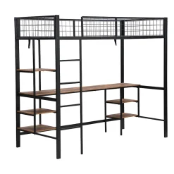 Lit Mezzanine 90x200 cm, Lit Ado en Métal avec Bureau et Étagères Intégrées, Style Industriel Gain de Place - Noir