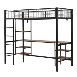 Lit Mezzanine 90x200 cm, Lit Ado en Métal avec Bureau et Étagères Intégrées, Style Industriel Gain de Place - Noir