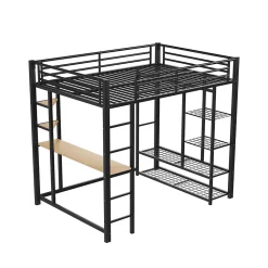 Lit Mezzanine 140x200 cm, Lit Double Ado avec Bureau Intégré et Échelle Sécurisée, Structure Métal et MDF, Sans Matelas - Noir