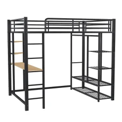 Lit Mezzanine 140x200 cm, Lit Double Ado avec Bureau Intégré et Échelle Sécurisée, Structure Métal et MDF, Sans Matelas - Noir