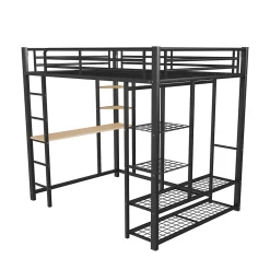 Lit Mezzanine 140x200 cm, Lit Double Ado avec Bureau Intégré et Échelle Sécurisée, Structure Métal et MDF, Sans Matelas - Noir