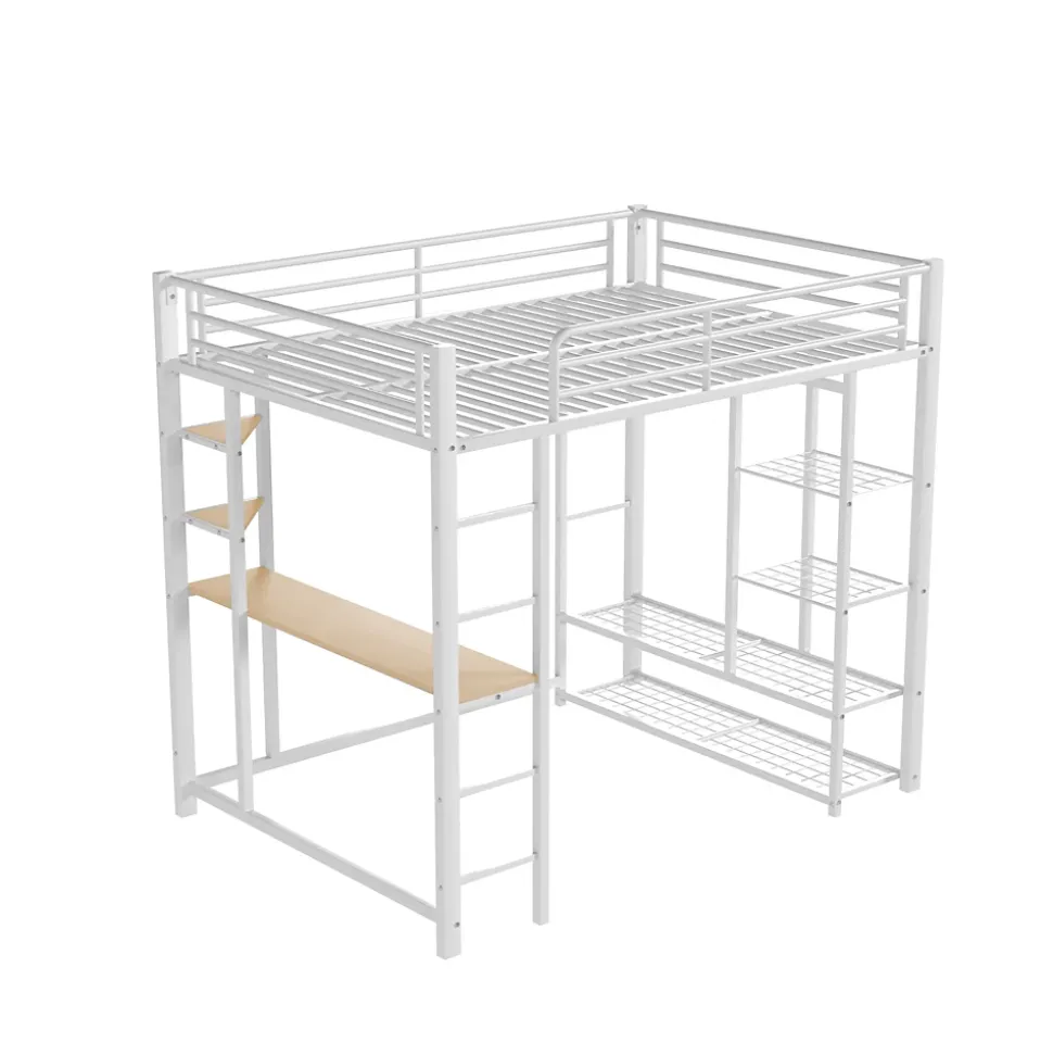 Lit Mezzanine 140x200 cm, Lit Double Ado avec Bureau Intégré et Échelle Sécurisée, Structure Métal et MDF, Sans Matelas - Blanc