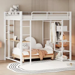 Lit Mezzanine 140x200 cm, Lit Double Ado avec Bureau Intégré et Échelle Sécurisée, Structure Métal et MDF, Sans Matelas - Blanc