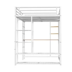 Lit Mezzanine 140x200 cm, Lit Double Ado avec Bureau Intégré et Échelle Sécurisée, Structure Métal et MDF, Sans Matelas - Blanc