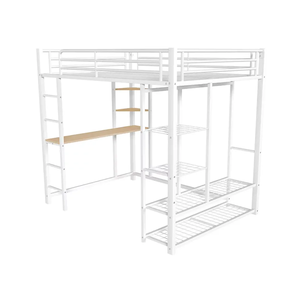 Lit Mezzanine 140x200 cm, Lit Double Ado avec Bureau Intégré et Échelle Sécurisée, Structure Métal et MDF, Sans Matelas - Blanc