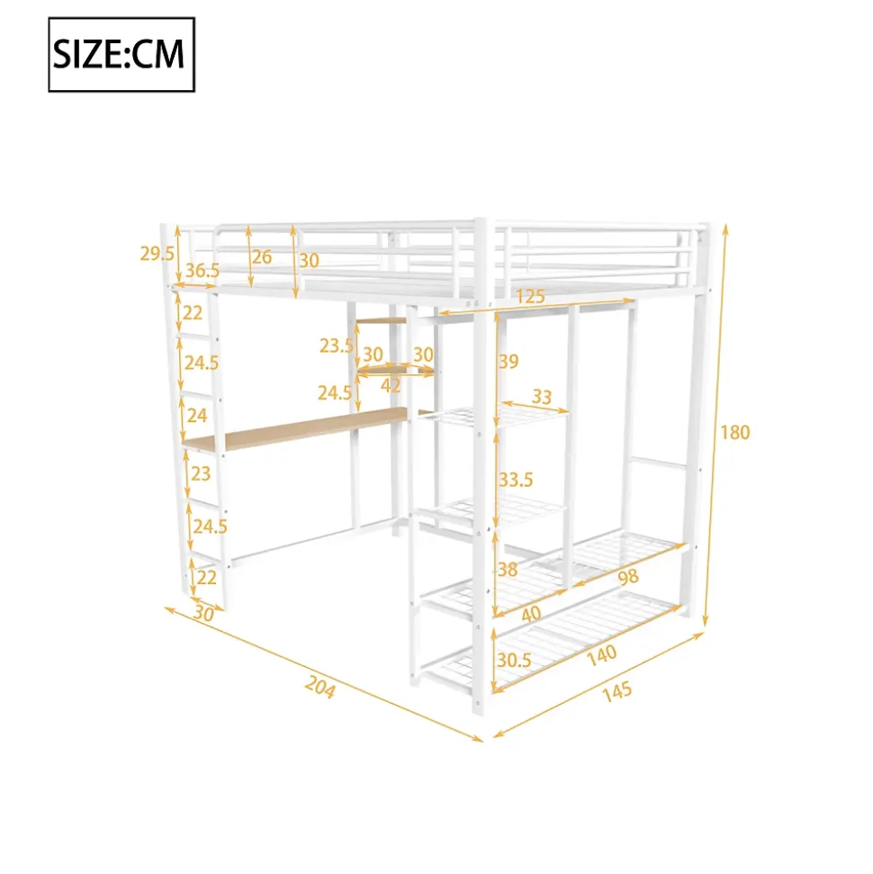 Lit Mezzanine 140x200 cm, Lit Double Ado avec Bureau Intégré et Échelle Sécurisée, Structure Métal et MDF, Sans Matelas - Blanc