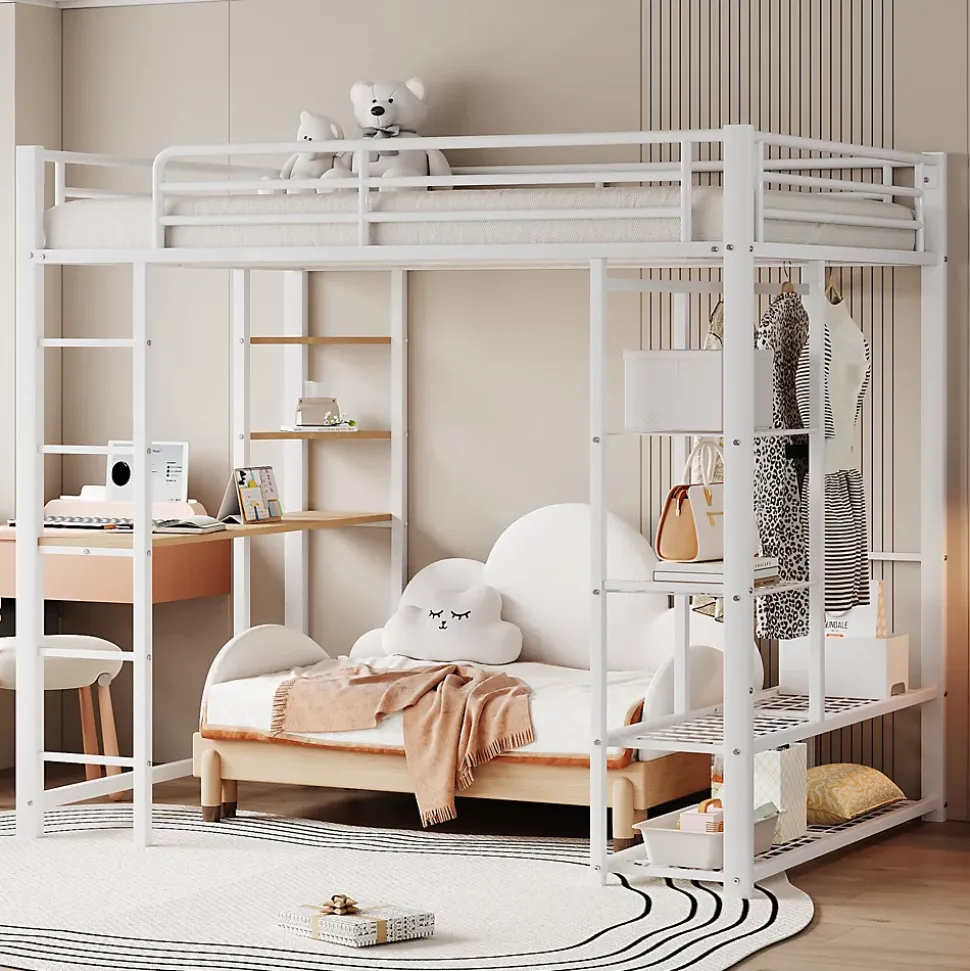 Lit Mezzanine 140x200 cm, Lit Double Ado avec Bureau Intégré et Échelle Sécurisée, Structure Métal et MDF, Sans Matelas - Blanc