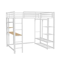 Lit Mezzanine 140x200 cm, Lit Double Ado avec Bureau Intégré et Échelle Sécurisée, Structure Métal et MDF, Sans Matelas - Blanc