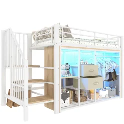 Lit Mezzanine 90x200 cm, Lit Enfant avec Éclairage LED, Armoire Ouverte, Escalier et Barre de Sécurité - Sans Matelas - Blanc