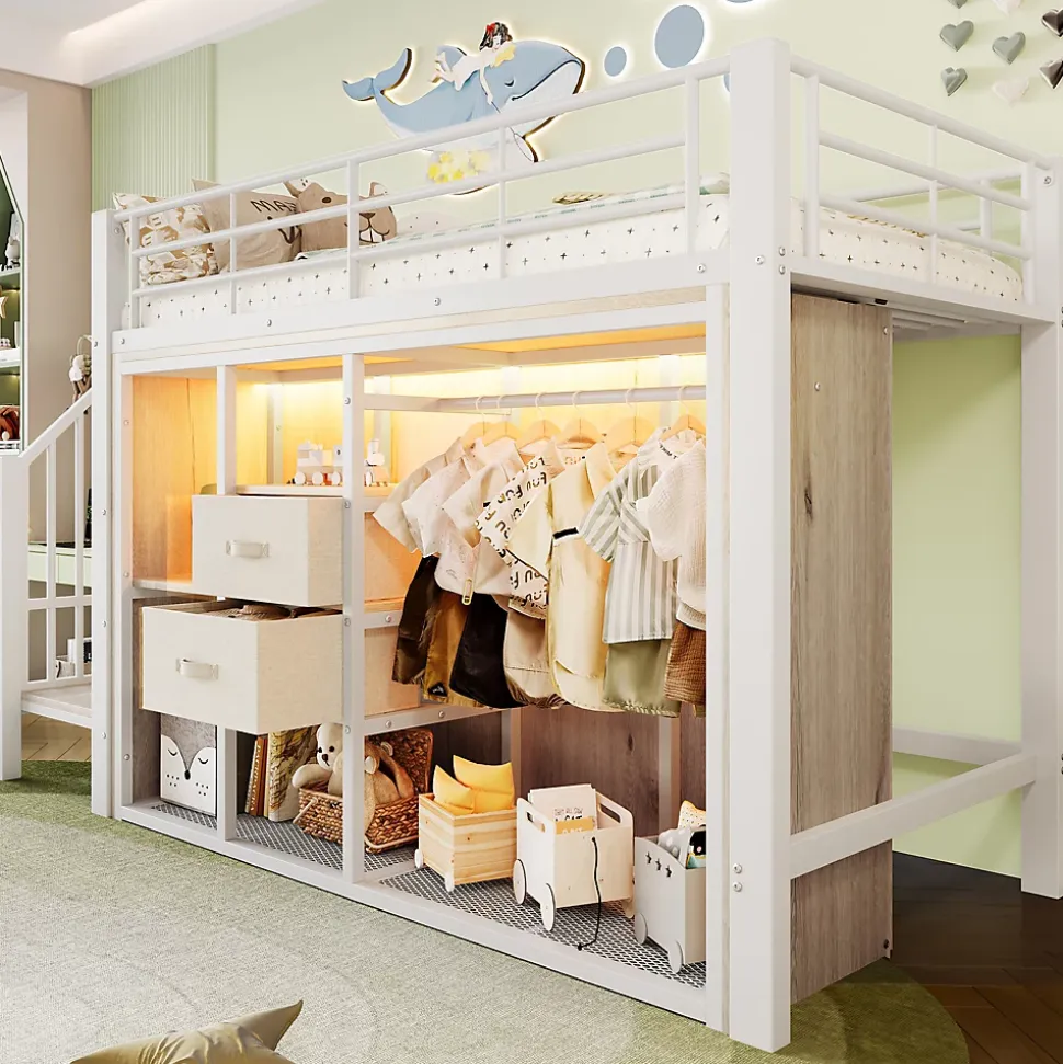 Lit Mezzanine 90x200 cm, Lit Enfant avec Éclairage LED, Armoire Ouverte, Escalier et Barre de Sécurité - Sans Matelas - Blanc