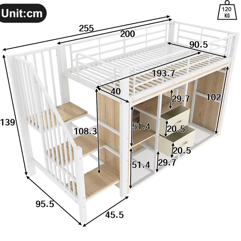 Lit Mezzanine 90x200 cm, Lit Enfant avec Éclairage LED, Armoire Ouverte, Escalier et Barre de Sécurité - Sans Matelas - Blanc