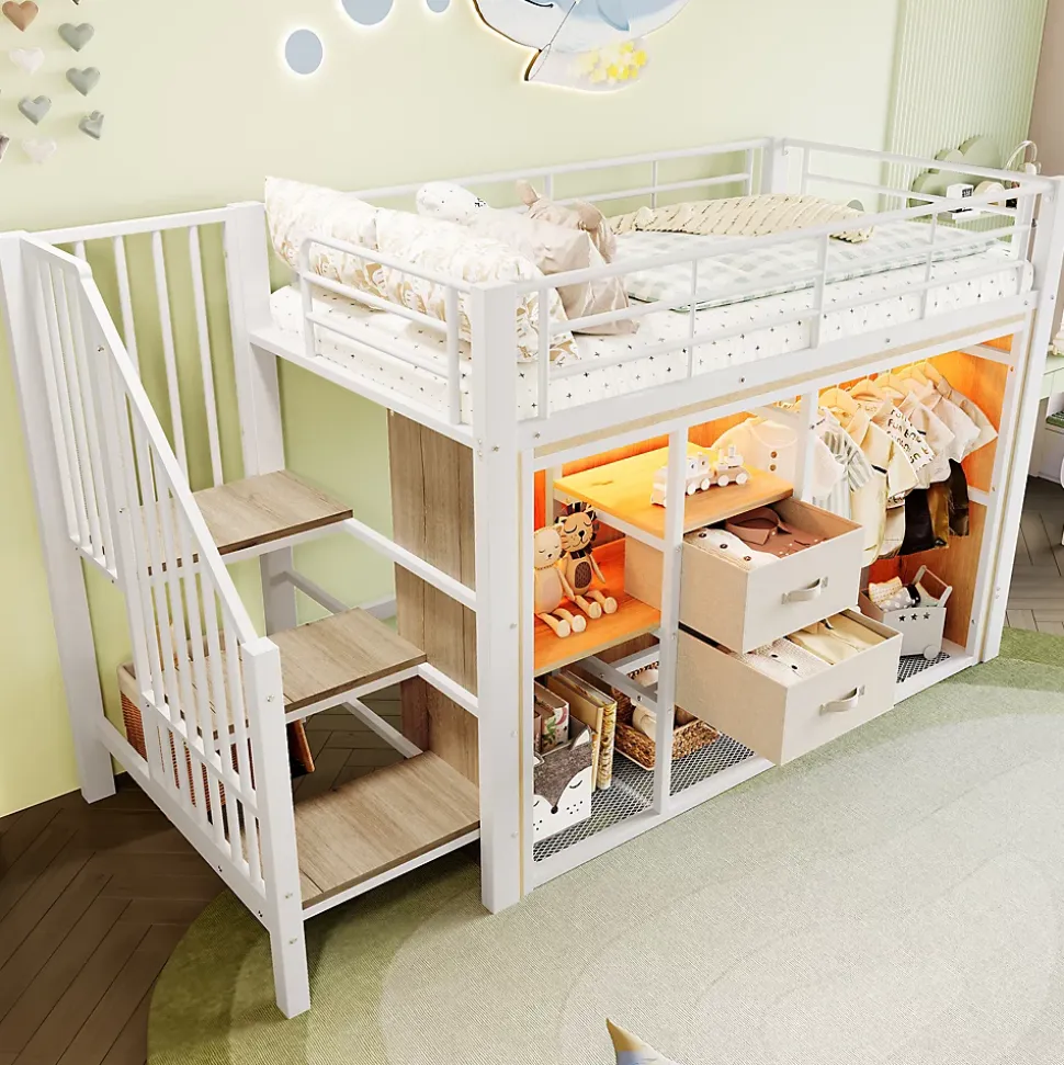 Lit Mezzanine 90x200 cm, Lit Enfant avec Éclairage LED, Armoire Ouverte, Escalier et Barre de Sécurité - Sans Matelas - Blanc