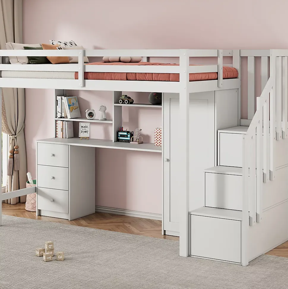 Lit Mezzanine 90x200 cm, Lit Enfant avec Bureau et Armoire, Escalier Rangement et Tiroirs, en MDF, Blanc - sans Matelas