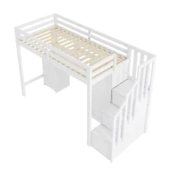 Lit Mezzanine 90x200 cm, Lit Enfant avec Bureau et Armoire, Escalier Rangement et Tiroirs, en MDF, Blanc - sans Matelas