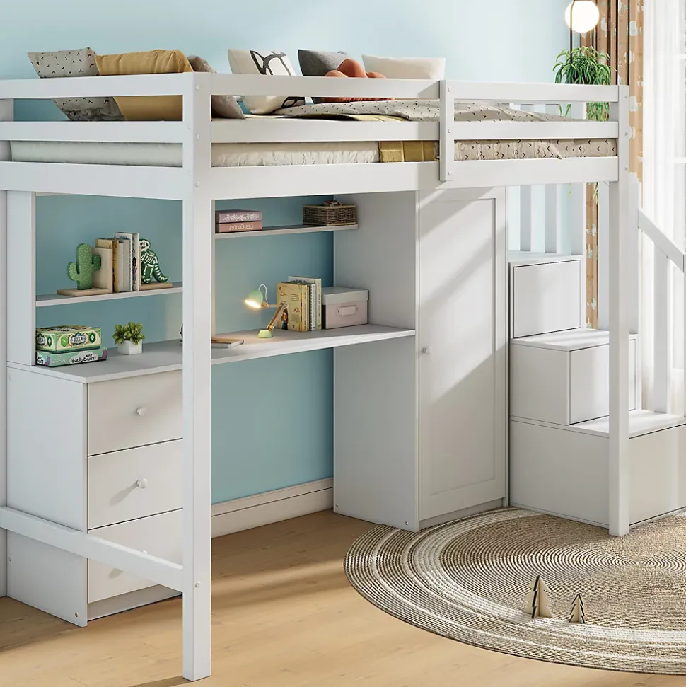 Lit Mezzanine 90x200 cm, Lit Enfant avec Bureau et Armoire, Escalier Rangement et Tiroirs, en MDF, Blanc - sans Matelas