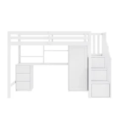 Lit Mezzanine 90x200 cm, Lit Enfant avec Bureau et Armoire, Escalier Rangement et Tiroirs, en MDF, Blanc - sans Matelas