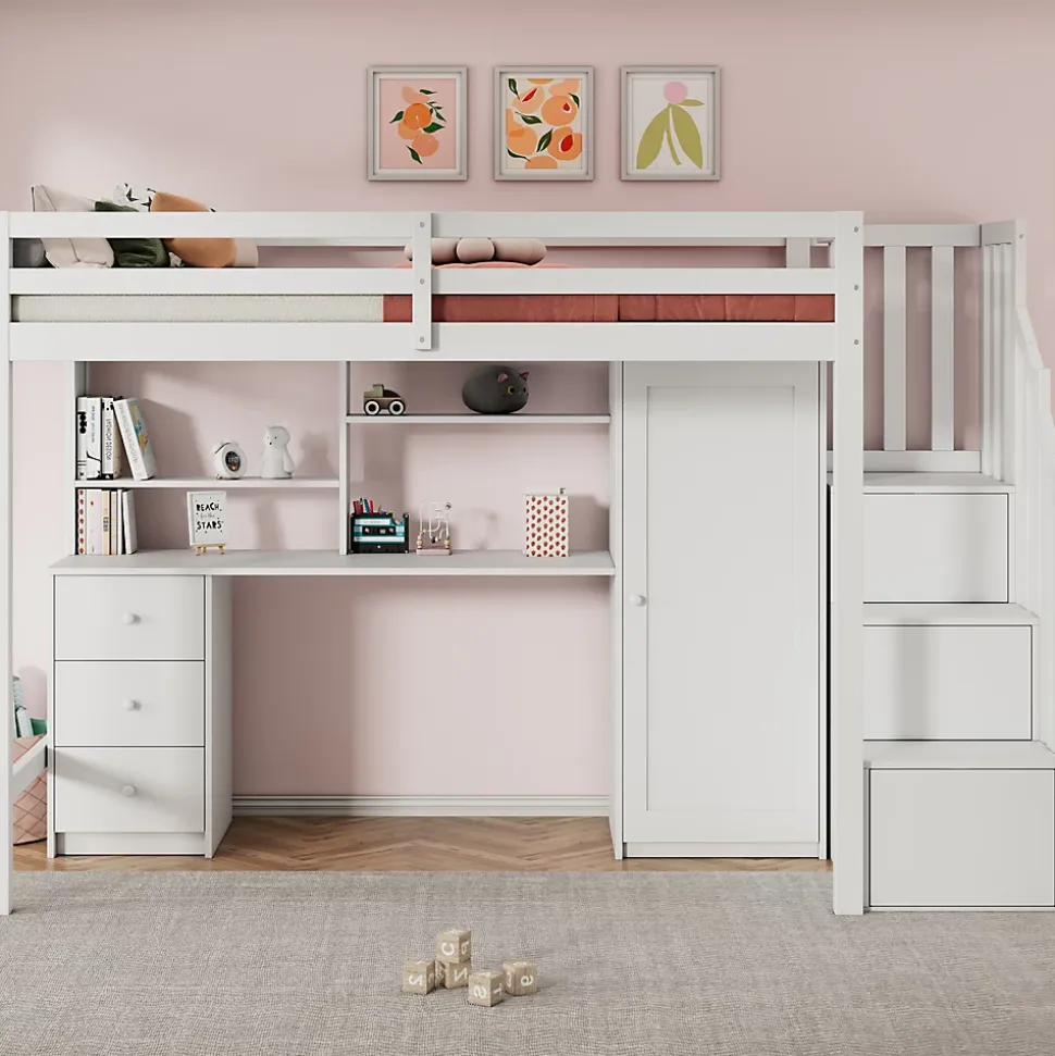 Lit Mezzanine 90x200 cm, Lit Enfant avec Bureau et Armoire, Escalier Rangement et Tiroirs, en MDF, Blanc - sans Matelas
