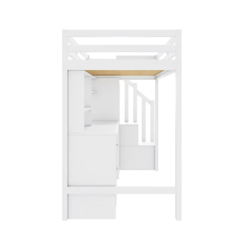 Lit Mezzanine 90x200 cm, Lit Enfant avec Bureau et Armoire, Escalier Rangement et Tiroirs, en MDF, Blanc - sans Matelas