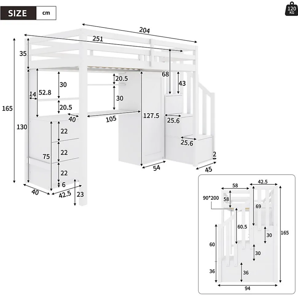 Lit Mezzanine 90x200 cm, Lit Enfant avec Bureau et Armoire, Escalier Rangement et Tiroirs, en MDF, Blanc - sans Matelas
