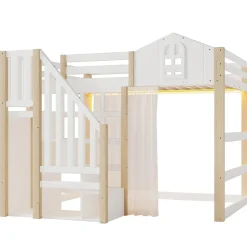 Lit Mezzanine 140x200 cm, Lit Enfant et Ado, avec LED et Échelle Rangement, Pin et MDF, sans Matelas - Blanc et Naturel