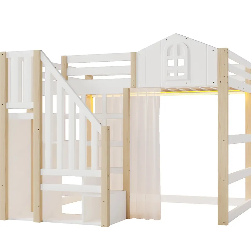 Lit Mezzanine 140x200 cm, Lit Enfant et Ado, avec LED et Échelle Rangement, Pin et MDF, sans Matelas - Blanc et Naturel