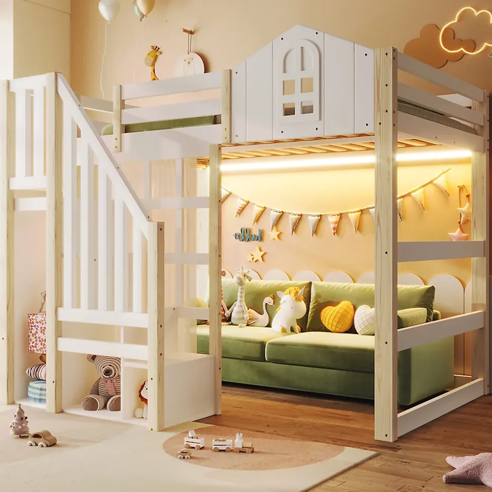 Lit Mezzanine 140x200 cm, Lit Enfant et Ado, avec LED et Échelle Rangement, Pin et MDF, sans Matelas - Blanc et Naturel