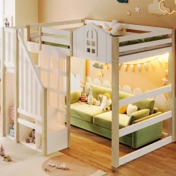 Lit Mezzanine 140x200 cm, Lit Enfant et Ado, avec LED et Échelle Rangement, Pin et MDF, sans Matelas - Blanc et Naturel