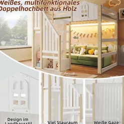 Lit Mezzanine 140x200 cm, Lit Enfant et Ado, avec LED et Échelle Rangement, Pin et MDF, sans Matelas - Blanc et Naturel