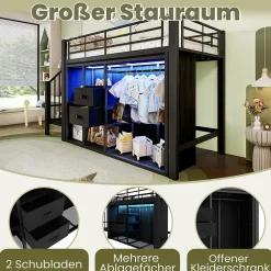 Lit Mezzanine 90x200 cm, Lit Enfant Simple avec LED et 2 Tiroirs, Armoire Ouverte, Métal MDF, Sans Matelas, Noir
