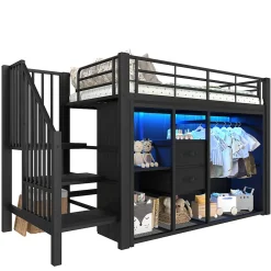 Lit Mezzanine 90x200 cm, Lit Enfant Simple avec LED et 2 Tiroirs, Armoire Ouverte, Métal MDF, Sans Matelas, Noir