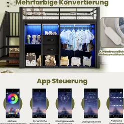 Lit Mezzanine 90x200 cm, Lit Enfant Simple avec LED et 2 Tiroirs, Armoire Ouverte, Métal MDF, Sans Matelas, Noir