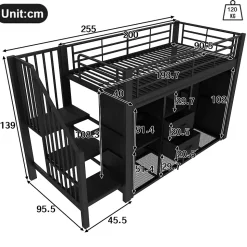Lit Mezzanine 90x200 cm, Lit Enfant Simple avec LED et 2 Tiroirs, Armoire Ouverte, Métal MDF, Sans Matelas, Noir