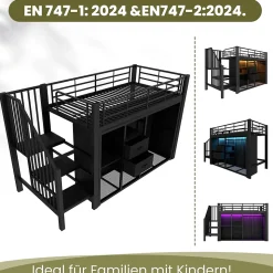 Lit Mezzanine 90x200 cm, Lit Enfant Simple avec LED et 2 Tiroirs, Armoire Ouverte, Métal MDF, Sans Matelas, Noir