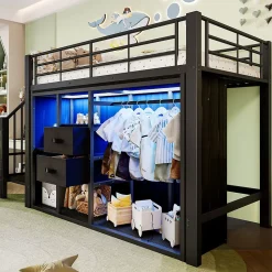 Lit Mezzanine 90x200 cm, Lit Enfant Simple avec LED et 2 Tiroirs, Armoire Ouverte, Métal MDF, Sans Matelas, Noir