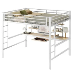 Lit mezzanine 140x200 cm, Lit enfant/ado avec bureau et 2 étagères - Métal + MDF - Sans matelas - Blanc