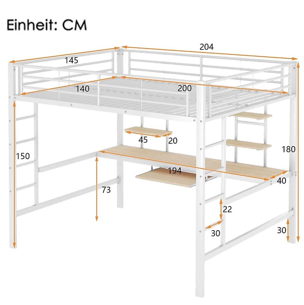 Lit mezzanine 140x200 cm, Lit enfant/ado avec bureau et 2 étagères - Métal + MDF - Sans matelas - Blanc