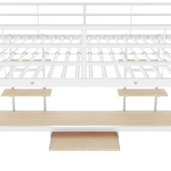 Lit mezzanine 140x200 cm, Lit enfant/ado avec bureau et 2 étagères - Métal + MDF - Sans matelas - Blanc