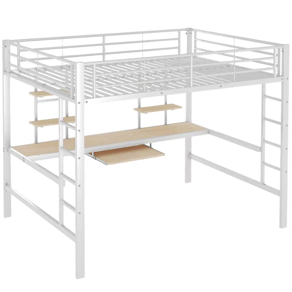 Lit mezzanine 140x200 cm, Lit enfant/ado avec bureau et 2 étagères - Métal + MDF - Sans matelas - Blanc