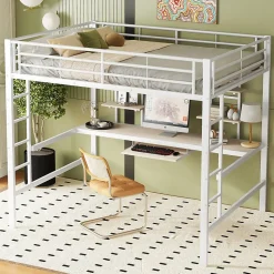 Lit mezzanine 140x200 cm, Lit enfant/ado avec bureau et 2 étagères - Métal + MDF - Sans matelas - Blanc