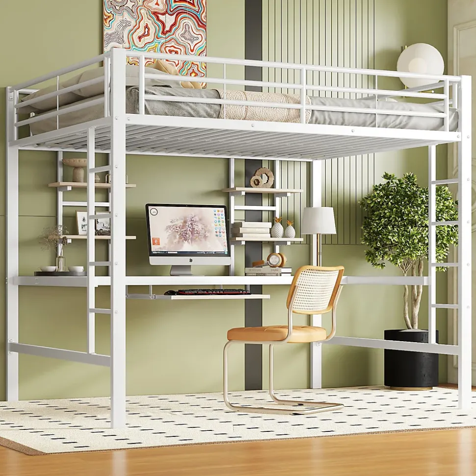 Lit mezzanine 140x200 cm, Lit enfant/ado avec bureau et 2 étagères - Métal + MDF - Sans matelas - Blanc