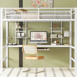 Lit mezzanine 140x200 cm, Lit enfant/ado avec bureau et 2 étagères - Métal + MDF - Sans matelas - Blanc